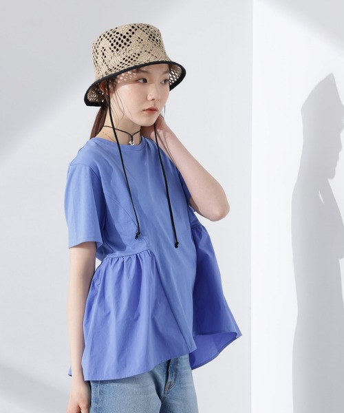 tシャツ M1924 布帛コンビギャザースリーブプルオーバー レディース M1924 布帛コンビギャザースリーブプルオーバー