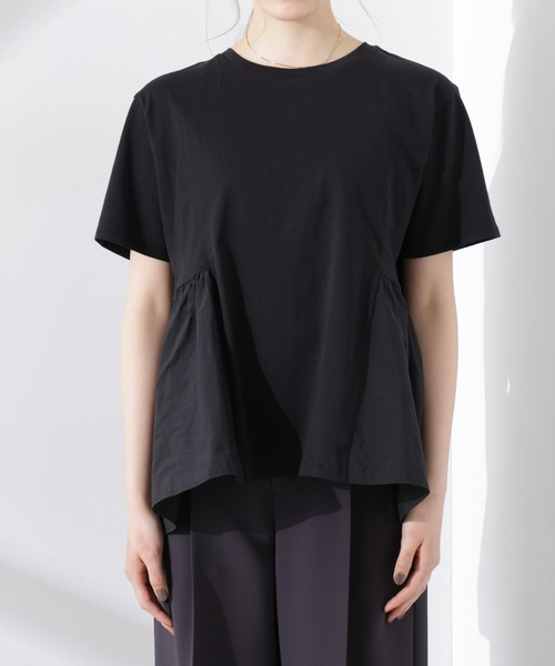 セール】布帛コンビギャザー切替カットトップス（Tシャツ