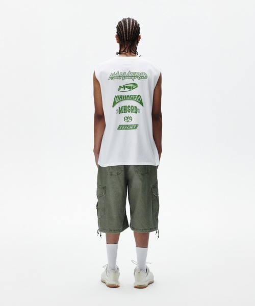 MAHAGRID(マハグリッド)の「『mahagrid/マハグリッド』MULTI LOGO SLEEVLESS /マルチロゴ ノースリーブシャツ(Tシャツ/カットソー・メンズ・ブラック/ホワイト/ライトブルー・S/L/M)」の4枚目の写真