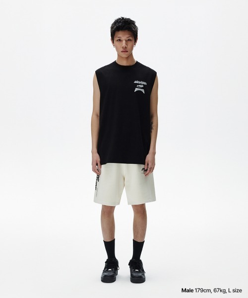 MAHAGRID(マハグリッド)の「『mahagrid/マハグリッド』MULTI LOGO SLEEVLESS /マルチロゴ ノースリーブシャツ(Tシャツ/カットソー・メンズ・ブラック/ホワイト/ライトブルー・S/L/M)」の8枚目の写真