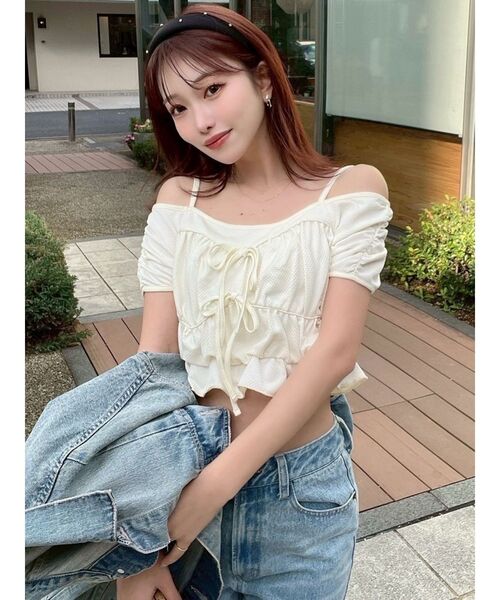 RESEXXY(リゼクシー)の「ダブルリボンクロップドトップス(Tシャツ/カットソー・レディース・アイボリー/ブラック/ベージュ・FREE)」の6枚目の写真