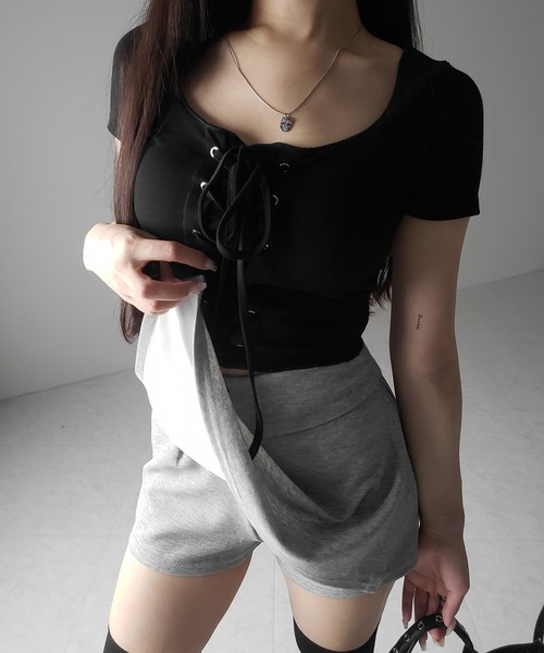 me+em select(ミームセレクト)の「【 2color / 3size 】サイドスリットレイヤードスウェットミニスカパン / side slit layered sweat mini skirt pants(その他パンツ・レディース・グレー/ブラック・MEDIUM/SMALL/LARGE)」の12枚目の写真
