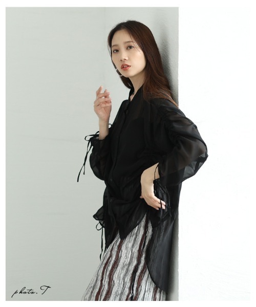 Sawa a la mode(サワアラモード)の「袖リボンドロストシャツブラウス(シャツ/ブラウス・レディース・ブラック/ミント/ホワイト・FREE)」の7枚目の写真