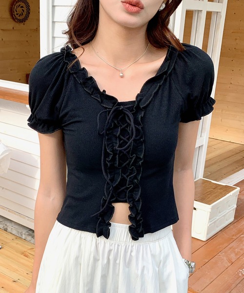 Doula Doula(ドゥーラドゥーラ)の「Vネックフリルレースアップカットソー(Tシャツ/カットソー・レディース・ブラック/ホワイト・FREE)」の1枚目の写真