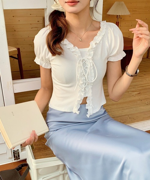 Doula Doula(ドゥーラドゥーラ)の「Vネックフリルレースアップカットソー(Tシャツ/カットソー・レディース・ブラック/ホワイト・FREE)」の6枚目の写真