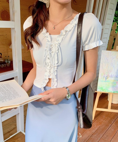 Doula Doula(ドゥーラドゥーラ)の「Vネックフリルレースアップカットソー(Tシャツ/カットソー・レディース・ブラック/ホワイト・FREE)」の8枚目の写真