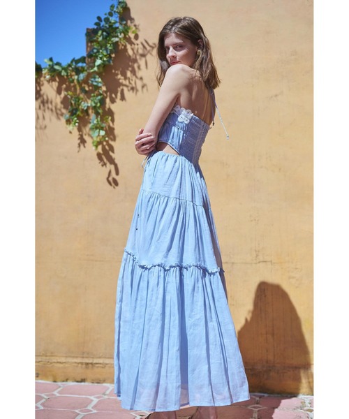エステラケー　シャーリングショルダーカッティングドレス Elizabeth Long Dress リネンカットアウトシャーリングドレス