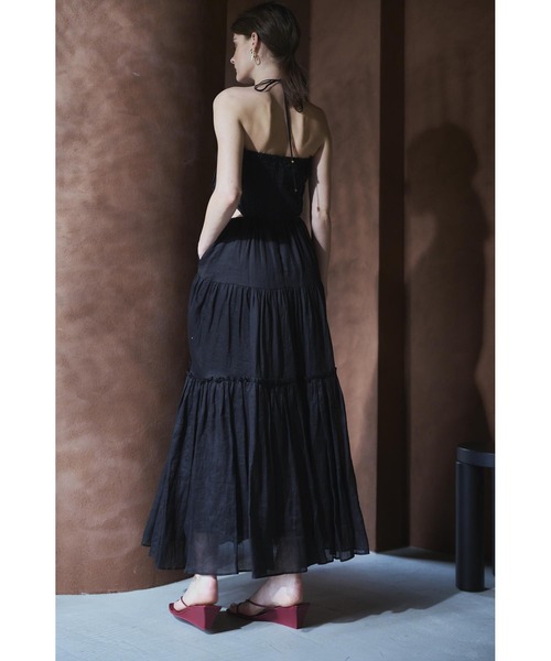 エステラケー　シャーリングショルダーカッティングドレス Elizabeth Long Dress リネンカットアウトシャーリングドレス