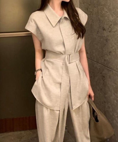 FAVORITO（ファヴォリート）の「シャツトップス+ワイドパンツセットアップ（セットアップ・レディース・ブラック/ベージュ/ホワイト/グレー/モカ・F）」の14枚目の写真