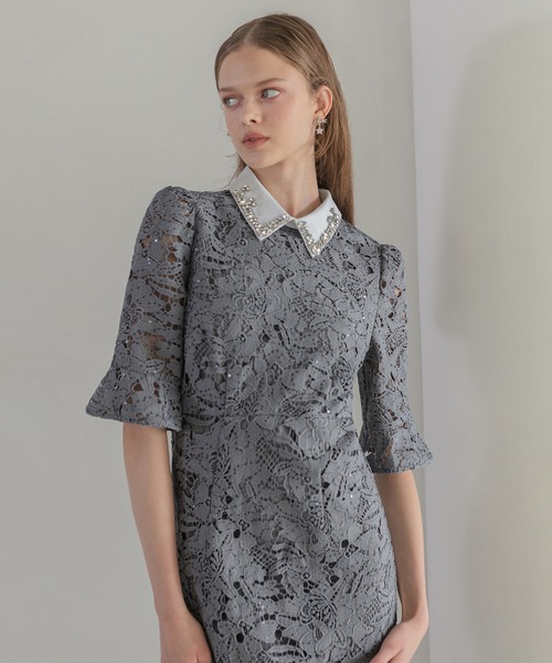 セール】【LEJA】ビジューカラーフラワーフリルマーメイドワンピース