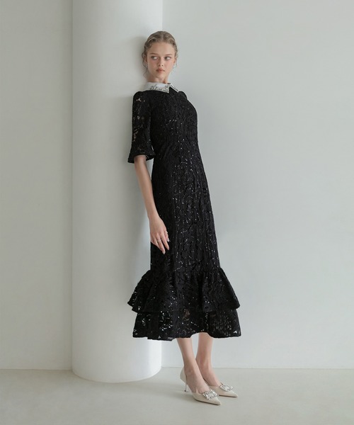 LEJA】ビジューカラーフラワーフリルマーメイドワンピースドレス美脚