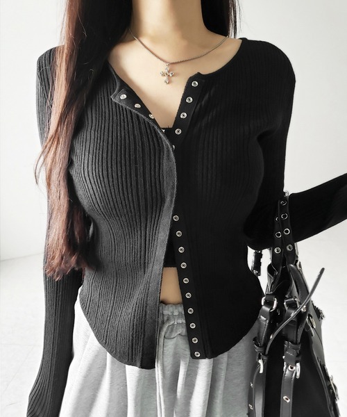 pois compact rib cardigan リブカーディガン 3color 】スナップボタンリブニットスリムカーディガン ／ snap