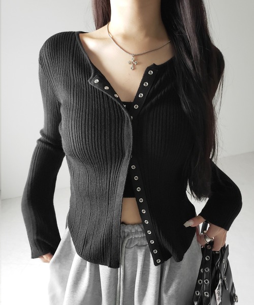 me+em select（ミームセレクト）の「【 ３color 】スナップボタンリブニットスリムカーディガン ／ snap button rib knit slim cardigan　※※（カーディガン/ボレロ・レディース・ブラック/アイボリー/グレー・FREE）」の5枚目の写真