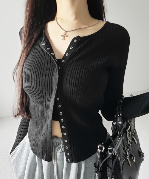 me+em select（ミームセレクト）の「【 ３color 】スナップボタンリブニットスリムカーディガン ／ snap button rib knit slim cardigan　※※（カーディガン/ボレロ・レディース・ブラック/アイボリー/グレー・FREE）」の6枚目の写真