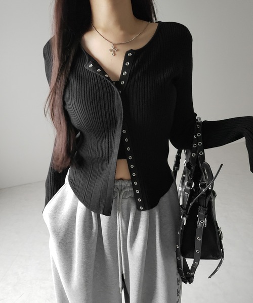 me+em select（ミームセレクト）の「【 ３color 】スナップボタンリブニットスリムカーディガン ／ snap button rib knit slim cardigan　※※（カーディガン/ボレロ・レディース・ブラック/アイボリー/グレー・FREE）」の7枚目の写真