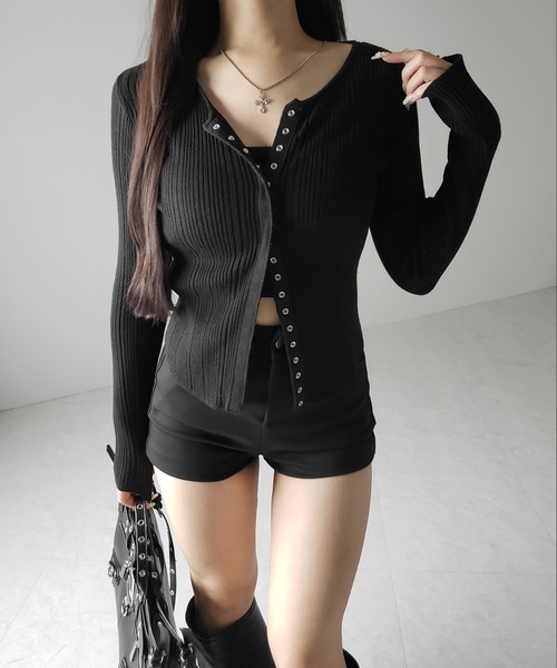 me+em select（ミームセレクト）の「【 ３color 】スナップボタンリブニットスリムカーディガン ／ snap button rib knit slim cardigan　※※（カーディガン/ボレロ・レディース・ブラック/アイボリー/グレー・FREE）」の9枚目の写真