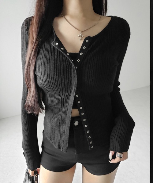 me+em select（ミームセレクト）の「【 ３color 】スナップボタンリブニットスリムカーディガン ／ snap button rib knit slim cardigan　※※（カーディガン/ボレロ・レディース・ブラック/アイボリー/グレー・FREE）」の12枚目の写真
