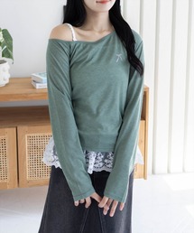 clear | サイドシャーリングワンショルカットソー＆レースキャミセット［韓国ファッション ガーリー］≪AW新作≫(Tシャツ/カットソー)