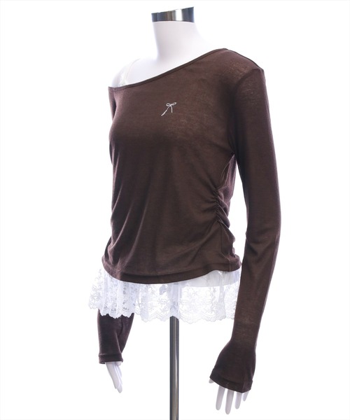 clear（クリア）の「サイドシャーリングワンショルカットソー＆レースキャミセット［韓国ファッション ガーリー］（Tシャツ/カットソー・レディース・ブラック/杢グレー/アイボリー/グリーン/ブラウン・F）」の10枚目の写真