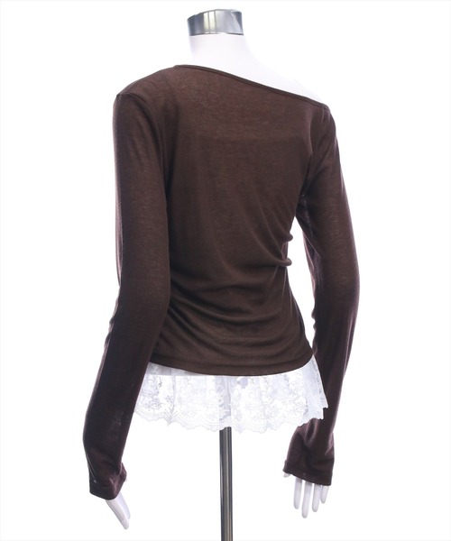 clear（クリア）の「サイドシャーリングワンショルカットソー＆レースキャミセット［韓国ファッション ガーリー］（Tシャツ/カットソー・レディース・ブラック/杢グレー/アイボリー/グリーン/ブラウン・F）」の12枚目の写真