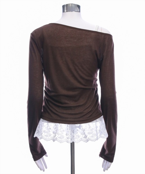 clear（クリア）の「サイドシャーリングワンショルカットソー＆レースキャミセット［韓国ファッション ガーリー］（Tシャツ/カットソー・レディース・ブラック/杢グレー/アイボリー/グリーン/ブラウン・F）」の13枚目の写真