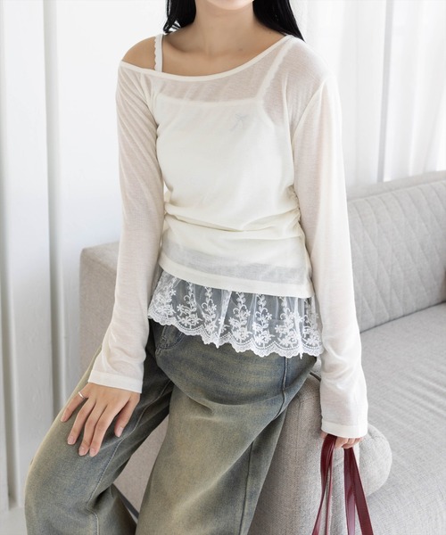 clear（クリア）の「サイドシャーリングワンショルカットソー＆レースキャミセット［韓国ファッション ガーリー］（Tシャツ/カットソー・レディース・ブラック/杢グレー/アイボリー/グリーン/ブラウン・F）」の7枚目の写真