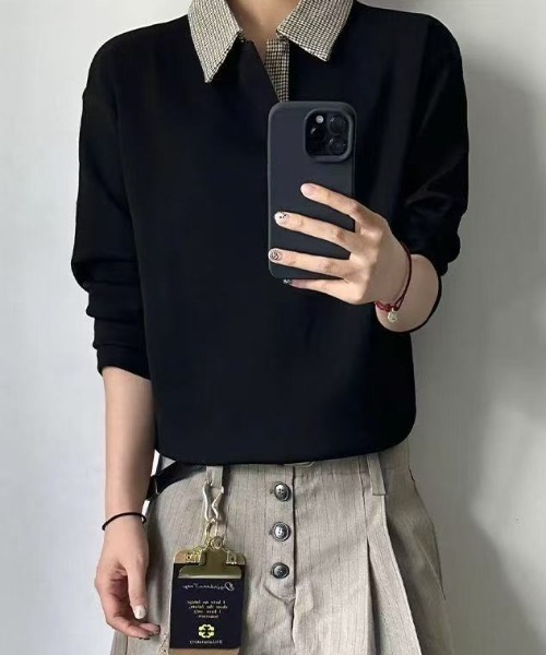 FreeZone(フリーゾーン)の「千鳥柄カラーポロスウェット(Tシャツ/カットソー・メンズ・ブラック/ホワイト・F/FREE)」の15枚目の写真