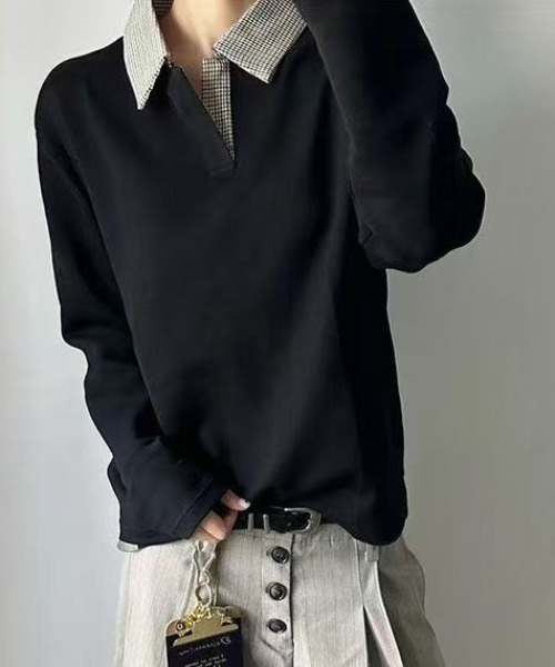 FreeZone(フリーゾーン)の「千鳥柄カラーポロスウェット(Tシャツ/カットソー・メンズ・ブラック/ホワイト・F/FREE)」の16枚目の写真