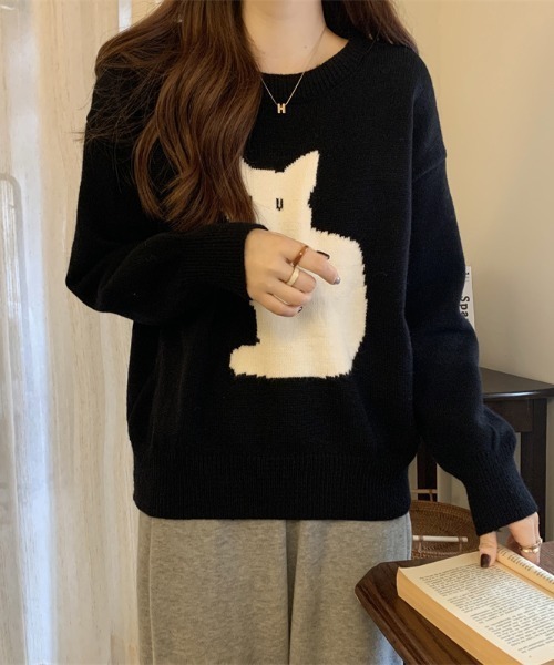 maison de LATIR（メゾンドラティール）の「「遊び心をちょっとだけ、上品に。」猫デザインのニットトップス（ニット/セーター・レディース・ホワイト/ブラック・FREE）」の6枚目の写真