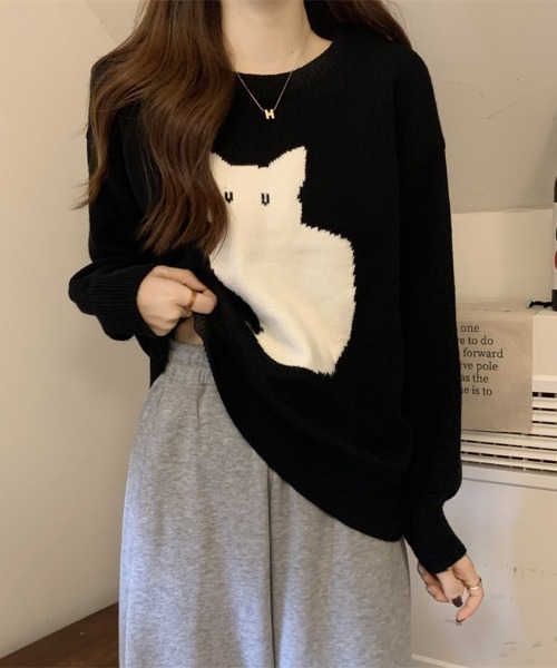 maison de LATIR（メゾンドラティール）の「「遊び心をちょっとだけ、上品に。」猫デザインのニットトップス（ニット/セーター・レディース・ホワイト/ブラック・FREE）」の15枚目の写真