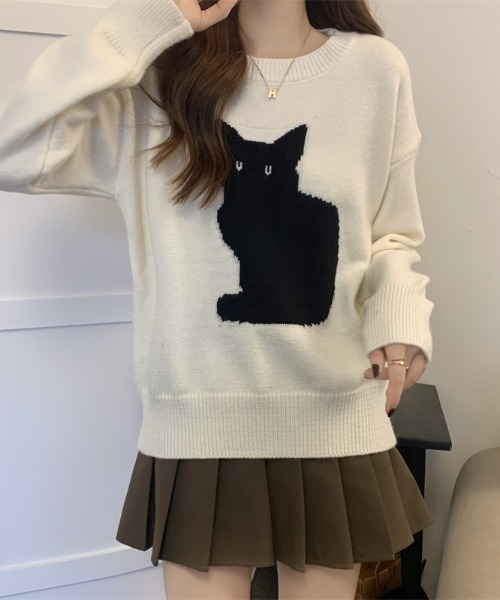 maison de LATIR（メゾンドラティール）の「「遊び心をちょっとだけ、上品に。」猫デザインのニットトップス（ニット/セーター・レディース・ホワイト/ブラック・FREE）」の10枚目の写真