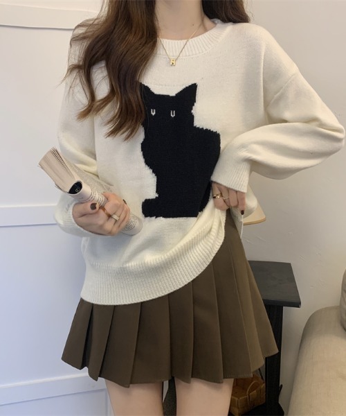 maison de LATIR（メゾンドラティール）の「「遊び心をちょっとだけ、上品に。」猫デザインのニットトップス（ニット/セーター・レディース・ホワイト/ブラック・FREE）」の11枚目の写真
