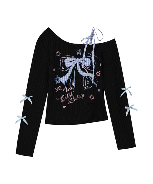 HOOK(フック)の「HOOK for girls リボン刺繍×レースアップ オフショル ロングスリーブトップス(Tシャツ/カットソー・レディース・ブラック/ホワイト・MEDIUM/SMALL)」の3枚目の写真