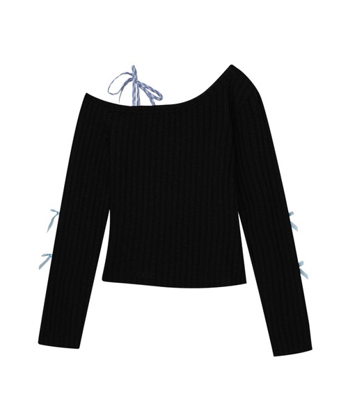 HOOK(フック)の「HOOK for girls リボン刺繍×レースアップ オフショル ロングスリーブトップス(Tシャツ/カットソー・レディース・ブラック/ホワイト・MEDIUM/SMALL)」の4枚目の写真