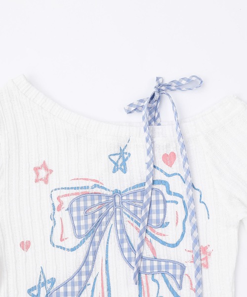 HOOK(フック)の「HOOK for girls リボン刺繍×レースアップ オフショル ロングスリーブトップス(Tシャツ/カットソー・レディース・ブラック/ホワイト・MEDIUM/SMALL)」の5枚目の写真