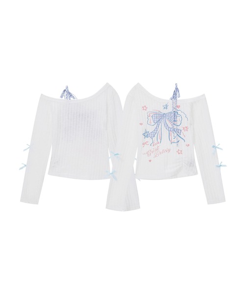 HOOK(フック)の「HOOK for girls リボン刺繍×レースアップ オフショル ロングスリーブトップス(Tシャツ/カットソー・レディース・ブラック/ホワイト・MEDIUM/SMALL)」の15枚目の写真