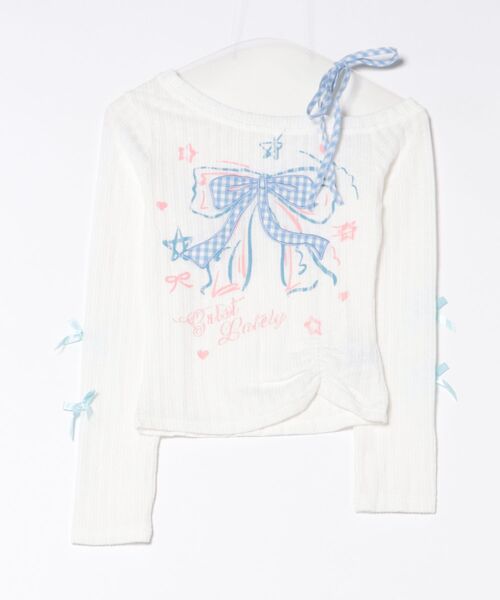 HOOK(フック)の「HOOK for girls リボン刺繍×レースアップ オフショル ロングスリーブトップス(Tシャツ/カットソー・レディース・ブラック/ホワイト・MEDIUM/SMALL)」の18枚目の写真