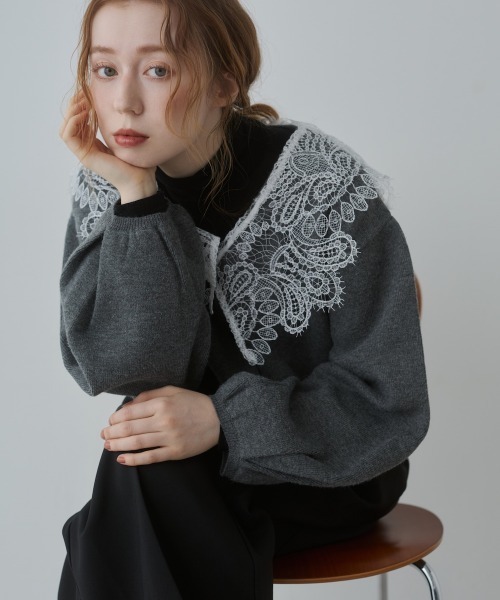 Bab（バブ）の「【初回即完　二次予約受付中！】レース衿付きショートニットカーディガン（カーディガン/ボレロ・レディース・チャコールグレー/ベージュ/グリーン・FREE）」の4枚目の写真