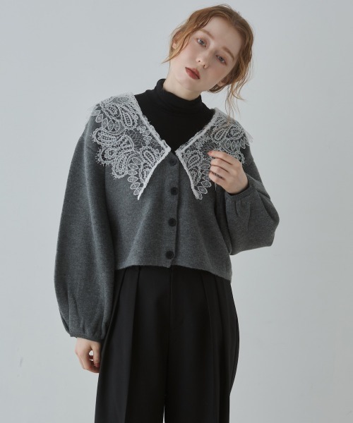 Bab（バブ）の「【初回即完　二次予約受付中！】レース衿付きショートニットカーディガン（カーディガン/ボレロ・レディース・チャコールグレー/ベージュ/グリーン・FREE）」の5枚目の写真