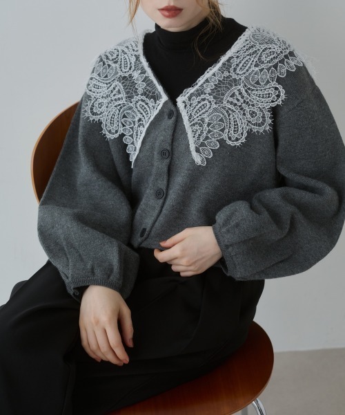セール】【初回即完 二次予約受付中！】レース衿付きショートニット