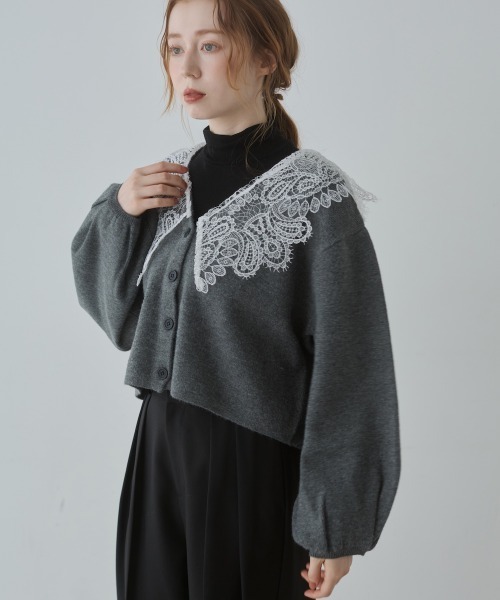 Bab（バブ）の「【初回即完　二次予約受付中！】レース衿付きショートニットカーディガン（カーディガン/ボレロ・レディース・チャコールグレー/ベージュ/グリーン・FREE）」の8枚目の写真
