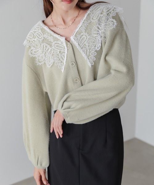 Bab（バブ）の「【初回即完　二次予約受付中！】レース衿付きショートニットカーディガン（カーディガン/ボレロ・レディース・チャコールグレー/ベージュ/グリーン・FREE）」の13枚目の写真