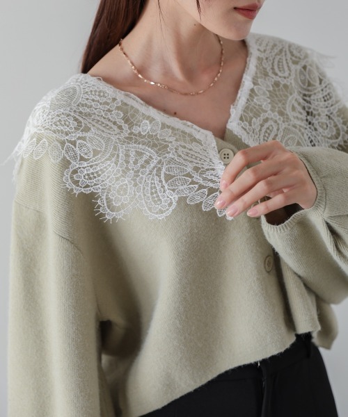 Bab（バブ）の「【初回即完　二次予約受付中！】レース衿付きショートニットカーディガン（カーディガン/ボレロ・レディース・チャコールグレー/ベージュ/グリーン・FREE）」の14枚目の写真