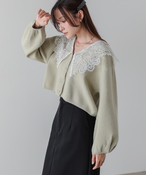 Bab（バブ）の「【初回即完　二次予約受付中！】レース衿付きショートニットカーディガン（カーディガン/ボレロ・レディース・チャコールグレー/ベージュ/グリーン・FREE）」の16枚目の写真
