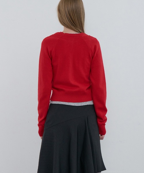 Kijun(キジュン)の「Kijun/キジュン Double Neck Knit Cardigan 重ね着風 ショート丈 ウールニットカーディガン(カーディガン/ボレロ・レディース・グレー/レッド・S/M)」の14枚目の写真