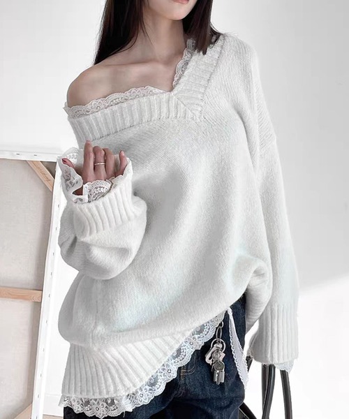 overE Vネックパネルニット：スモーキーブルー　U65 overE Vネックパネルニット：スモーキーブルー U65 - メルカリ