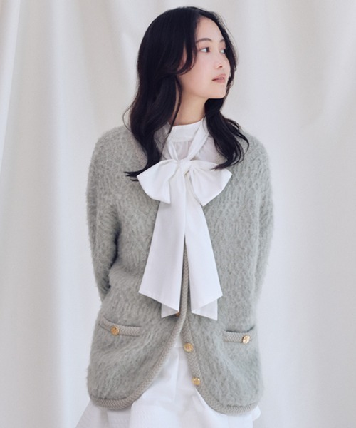 ファーライクミドルニットジャケット（ノーカラージャケット）｜SNIDEL