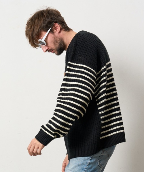 STUD MUFFIN（スタッドマフィン）の「STUD MUFFIN/スタッドマフィン/ビックワッフルボーダー カートべアワッペン ワイドシルエットプルオーバー（Tシャツ/カットソー・メンズ・ブラック/ホワイト系2・3/2/4）」の3枚目の写真