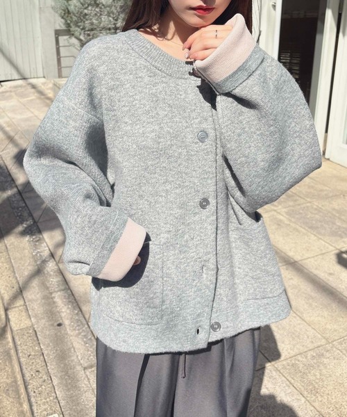 SOELA(ソエラ)の「【INGNI SOELA】バイカラーニットカーディガン/WEB限定(カーディガン/ボレロ・レディース・グレー系5/ホワイト系その他6/ブラック×グリーン/グレー×ピンク・M)」の12枚目の写真