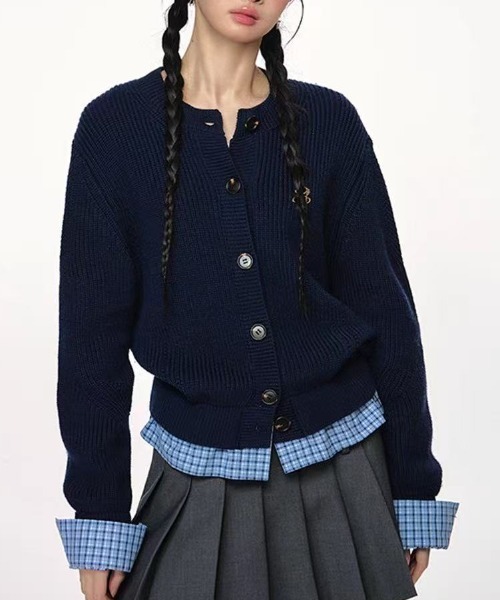 セール】ニットとチェック組み合わせカーディガン（カーディガン